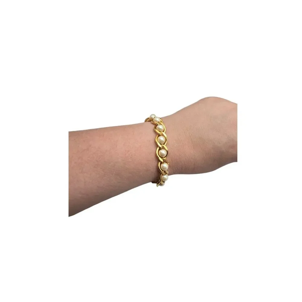 Gold Pearl Link Bracelet Chunky Chain Style Classic Glam Elegant